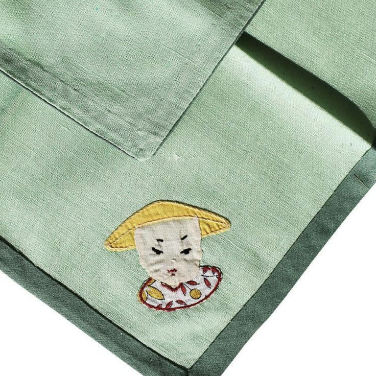 Mid-Century Chinoiserie Embroidered Figural Green Cocktail Napkins - Set of 4