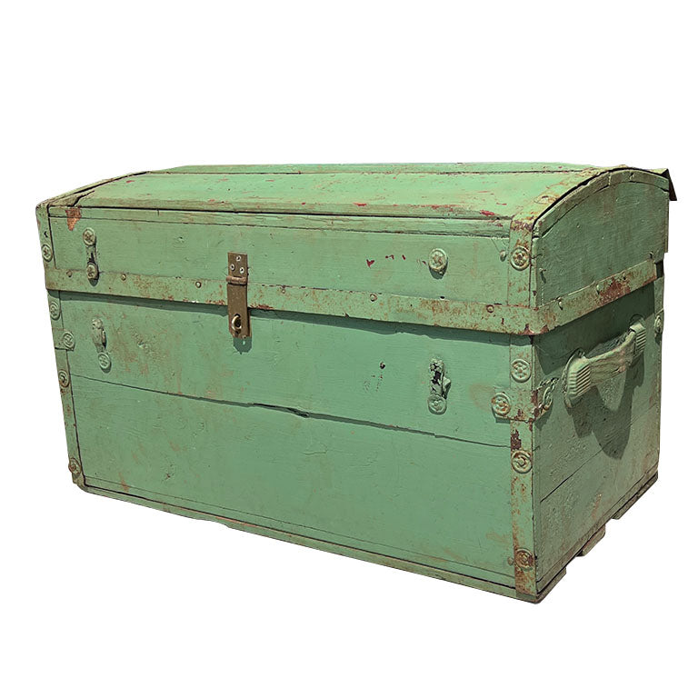 Antique American Green Painted Wood Steamer Trunk or Blanket Chest, 19th Century