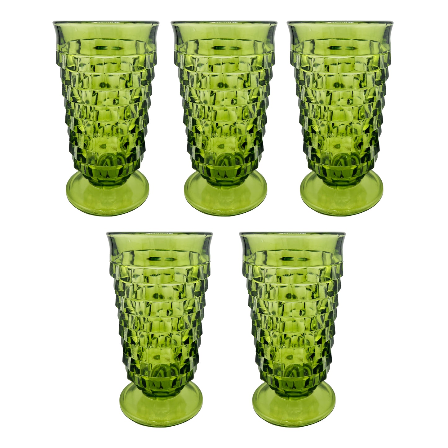 Vintage Green Glass Tumblers – Set of Five Textured Mid-Century Barware