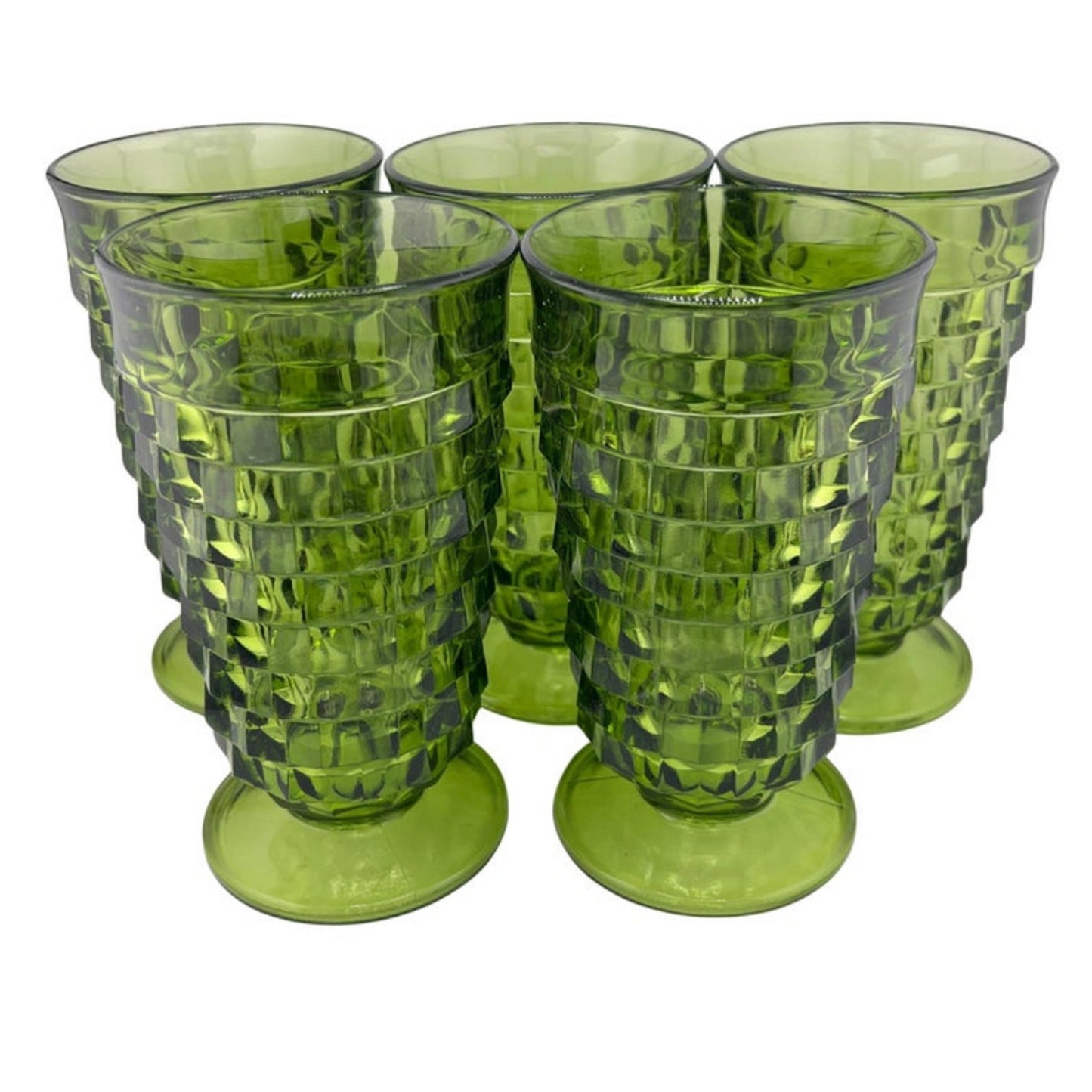 Vintage Green Glass Tumblers – Set of Five Textured Mid-Century Barware