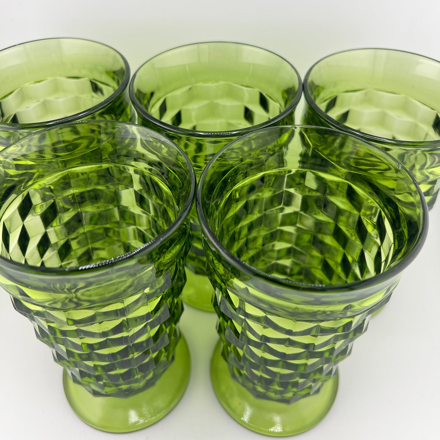 Vintage Green Glass Tumblers – Set of Five Textured Mid-Century Barware