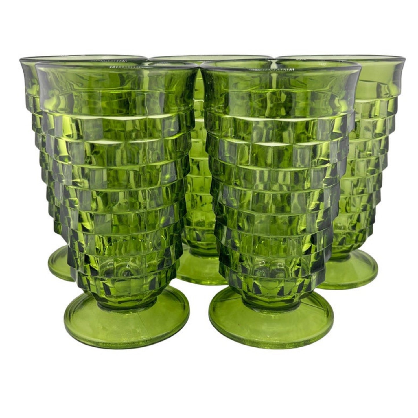 Vintage Green Glass Tumblers – Set of Five Textured Mid-Century Barware