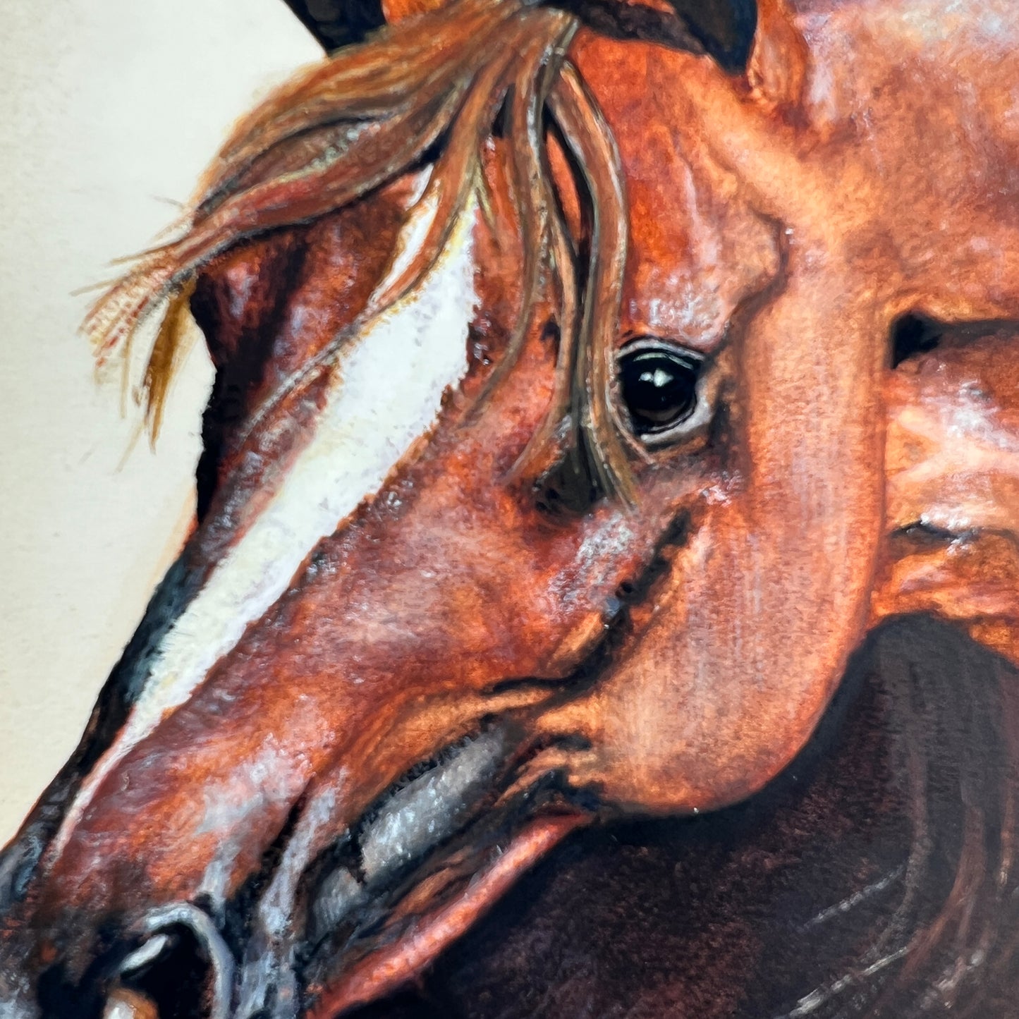 Hand-Painted Equestrian Horse Portrait on Board, Signed B. My, Mid-Century