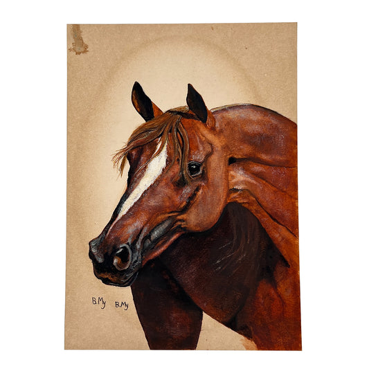 Hand-Painted Equestrian Horse Portrait on Board, Signed B. My, Mid-Century