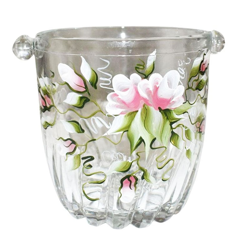 Mid 20th Century Hand Painted Floral Ice Glass Ice Bucket or Champagne Cooler in Pink and Green