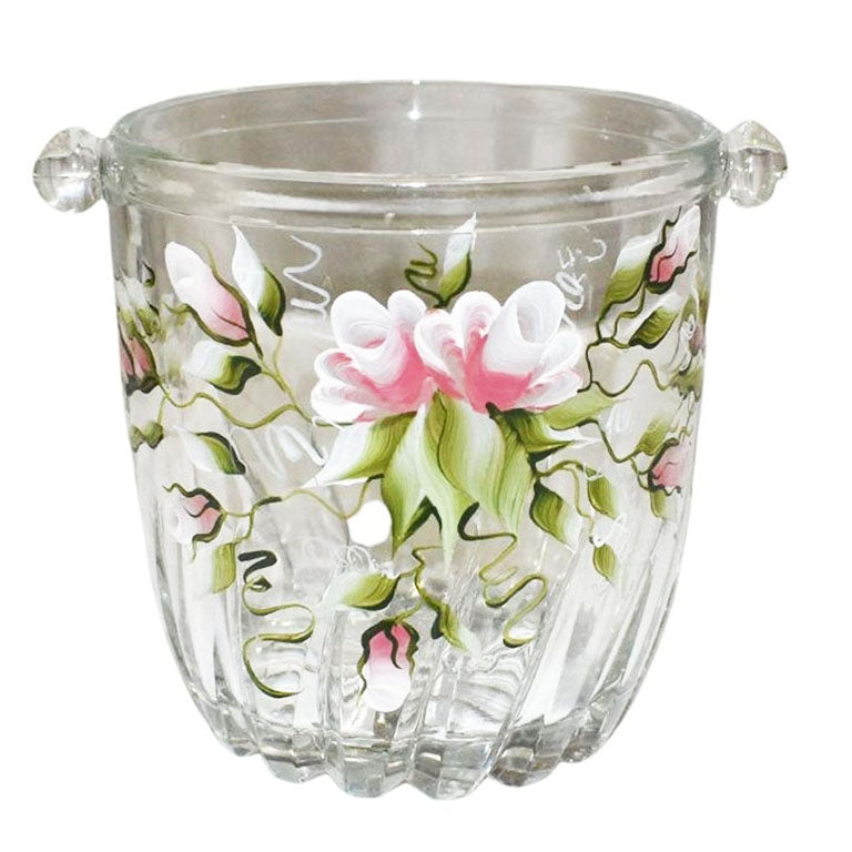 Mid 20th Century Hand Painted Floral Ice Glass Ice Bucket or Champagne Cooler in Pink and Green