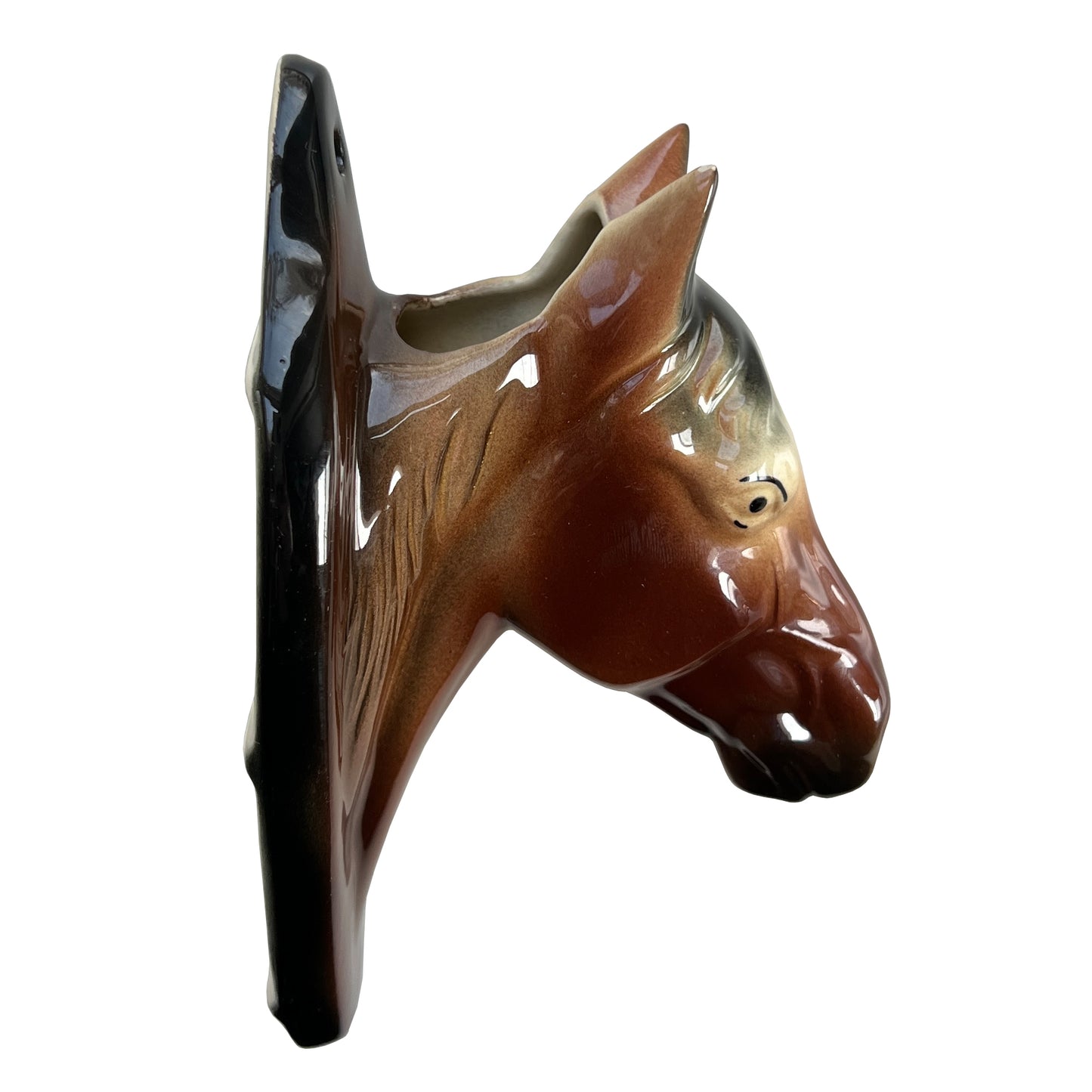 Vintage Glazed Ceramic Horse Head Wall Vase, Equestrian Hanging Planter