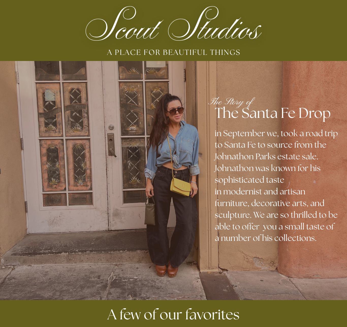 Woman standing in front of a building with text about Scout Studios and The Santa Fe Drop.