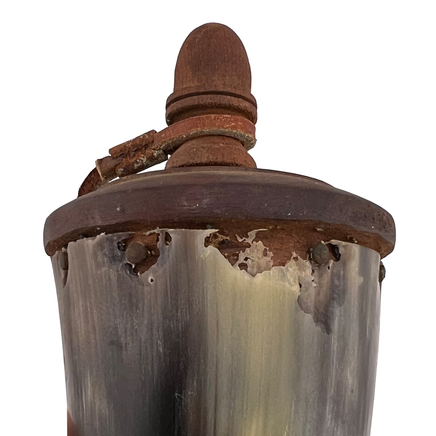 19th Century Powder Horn Flask with Brass Fittings and Leather Strap