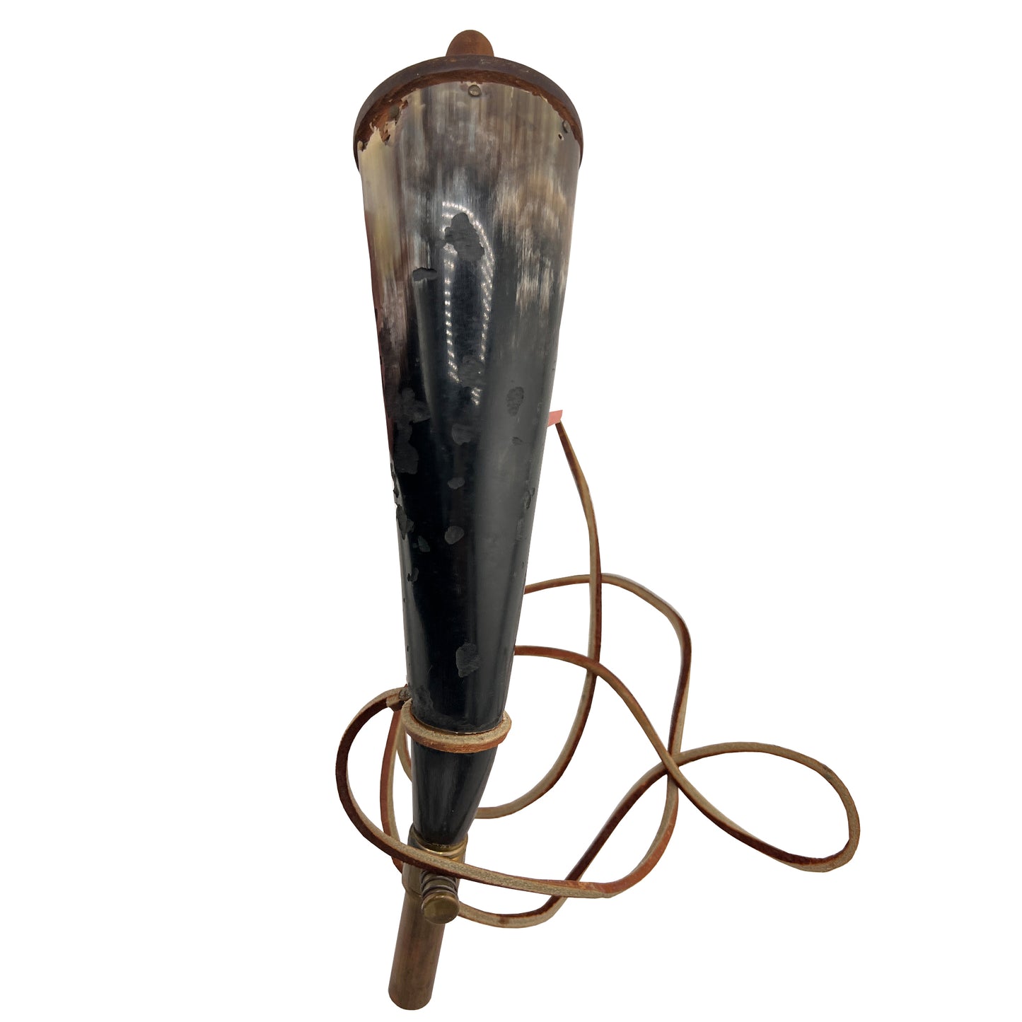 19th Century Powder Horn Flask with Brass Fittings and Leather Strap