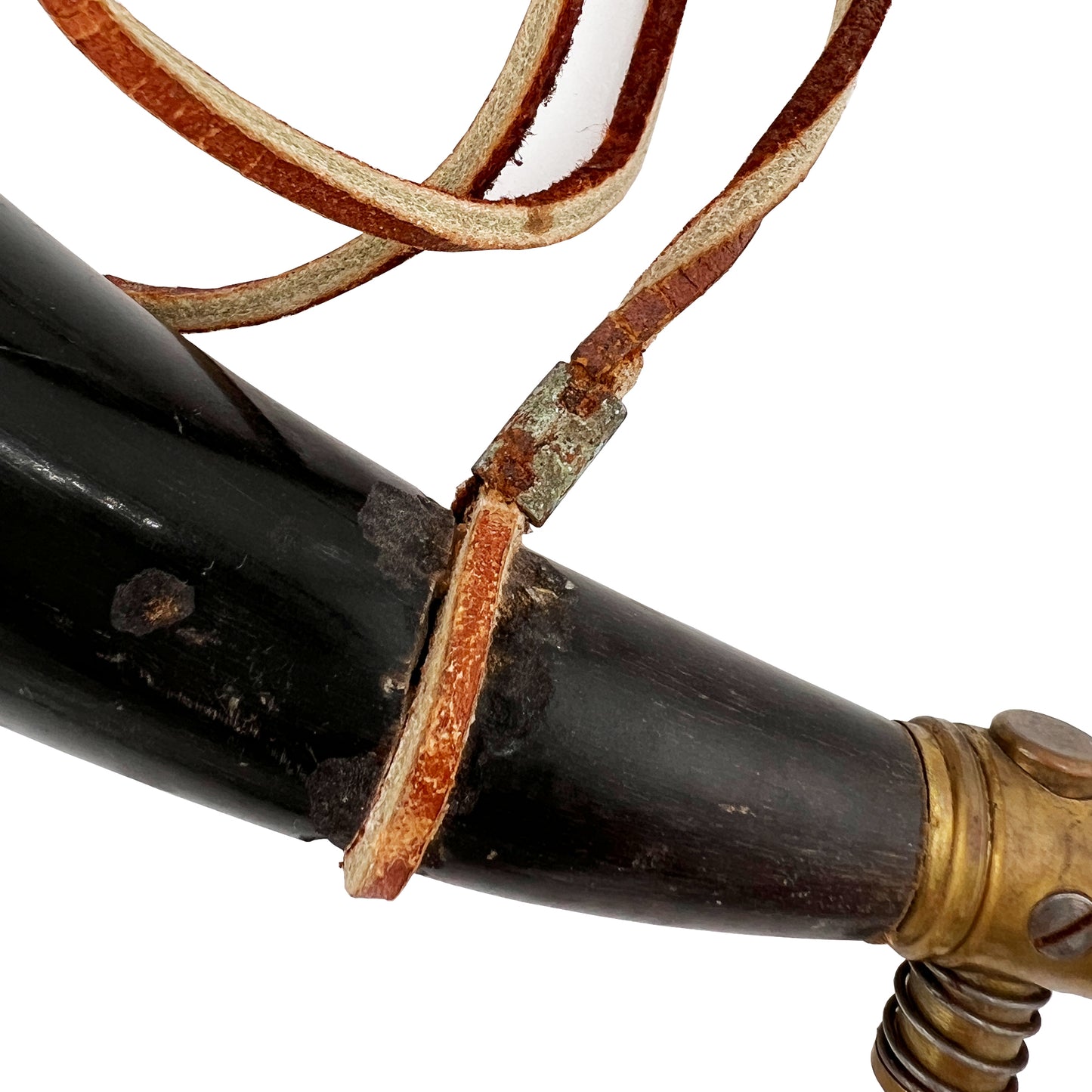 19th Century Powder Horn Flask with Brass Fittings and Leather Strap