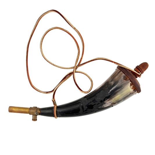 19th Century Powder Horn Flask with Brass Fittings and Leather Strap