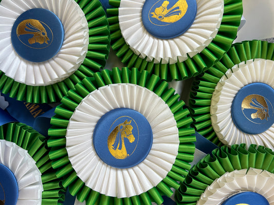Collection of Six Morgan Horse Show Rosette Ribbons in Blue, Green and White