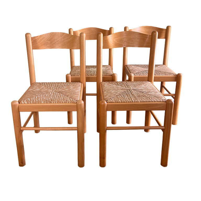 Set of 4 Italian Country Rush Seat Dining Chairs, Mid-Century Modern