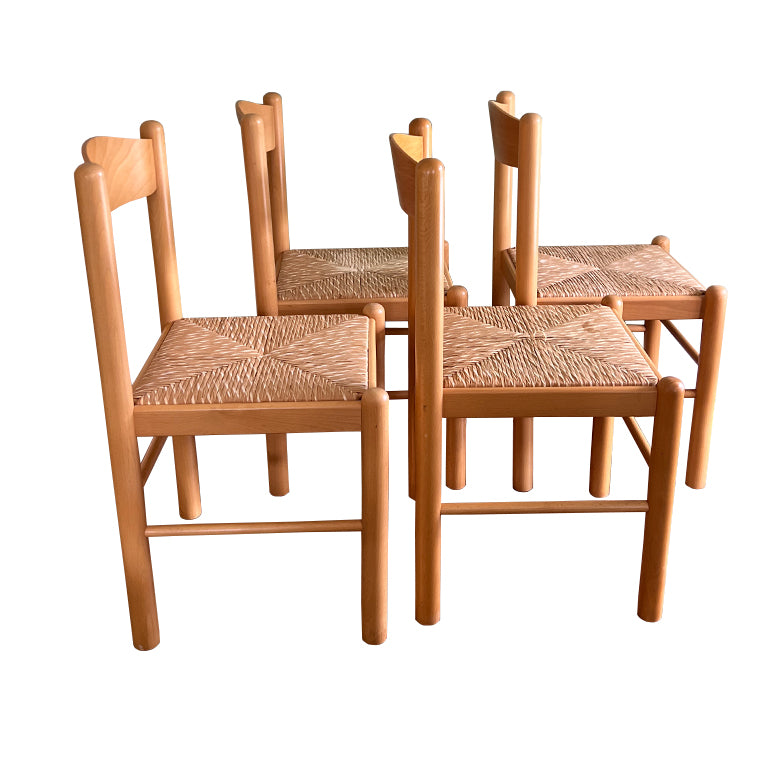 Set of 4 Italian Country Rush Seat Dining Chairs, Mid-Century Modern