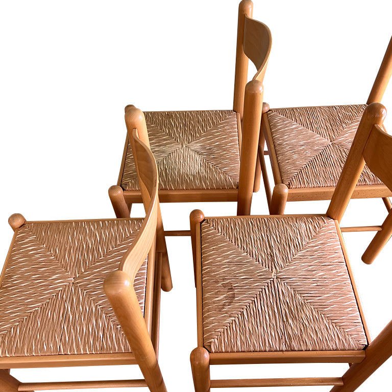 Set of 4 Italian Country Rush Seat Dining Chairs, Mid-Century Modern