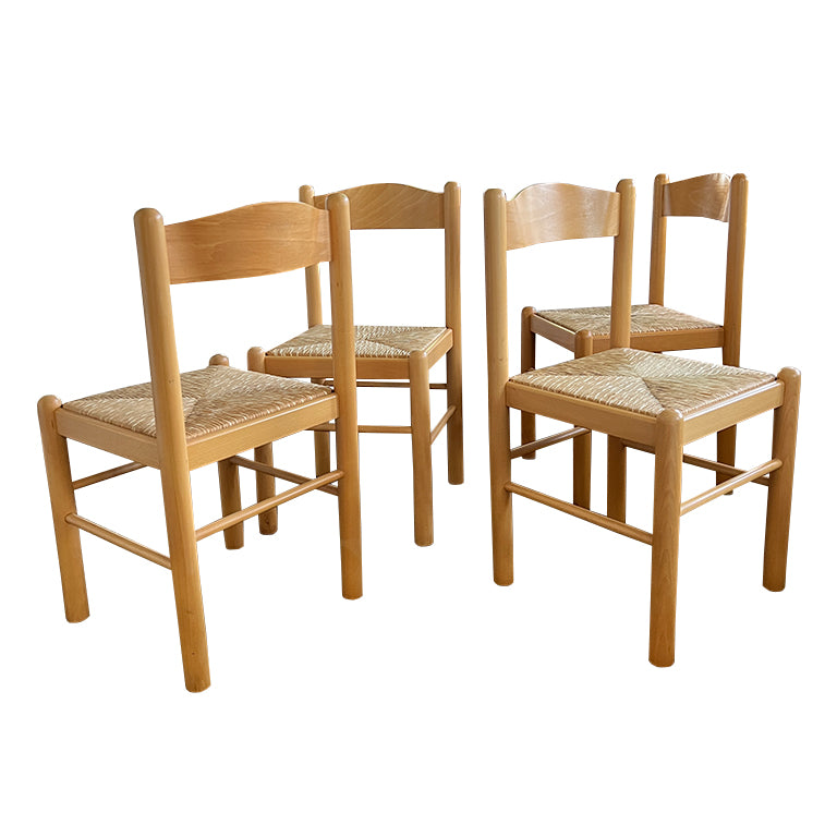 Set of 4 Italian Country Rush Seat Dining Chairs, Mid-Century Modern