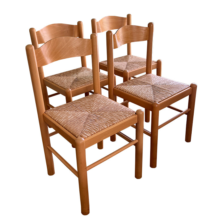 Set of 4 Italian Country Rush Seat Dining Chairs, Mid-Century Modern