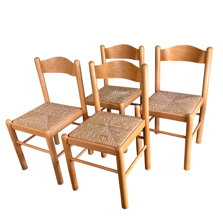 Set of 4 Italian Country Rush Seat Dining Chairs, Mid-Century Modern