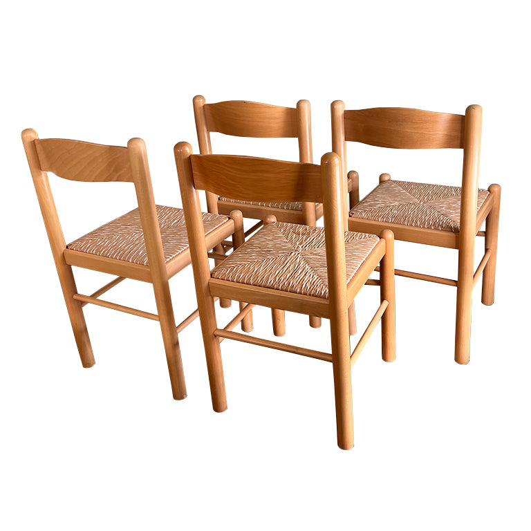 Set of 4 Italian Country Rush Seat Dining Chairs, Mid-Century Modern