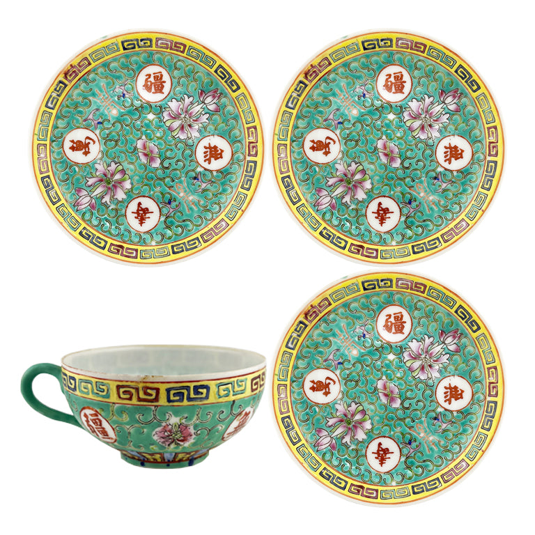 Chinese Export Famille Rose Teacup & Three Saucer Plates, Longevity Motif