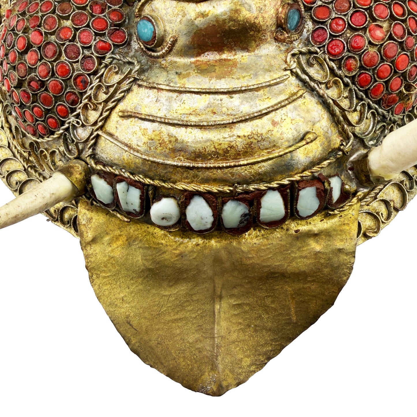 Vintage Tibetan Gilt Copper Jeweled Ritual Mask with Coral and Turquoise Inlay