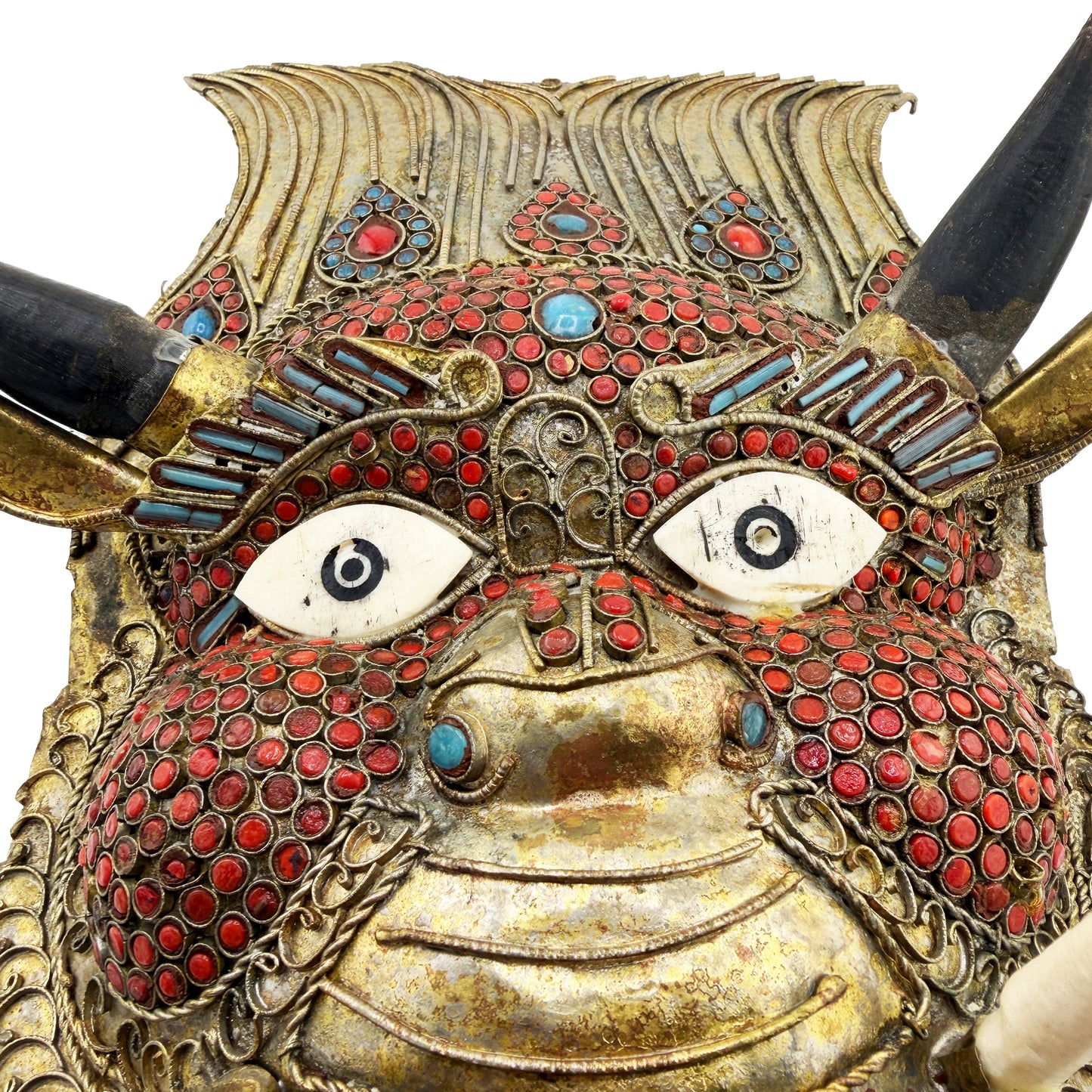 Vintage Tibetan Gilt Copper Jeweled Ritual Mask with Coral and Turquoise Inlay