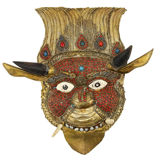 Vintage Tibetan Gilt Copper Jeweled Ritual Mask with Coral and Turquoise Inlay