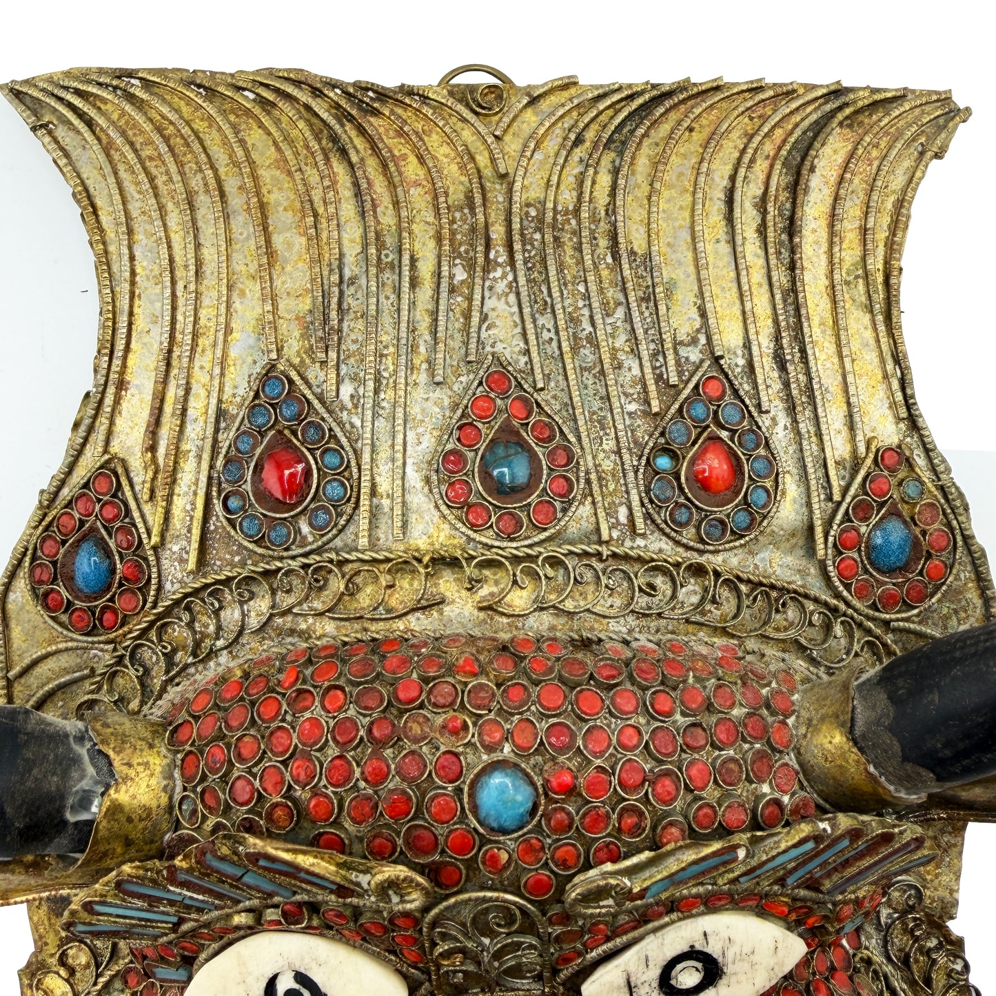 Vintage Tibetan Gilt Copper Jeweled Ritual Mask with Coral and Turquoise Inlay