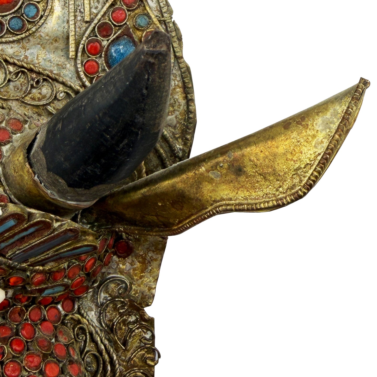 Vintage Tibetan Gilt Copper Jeweled Ritual Mask with Coral and Turquoise Inlay