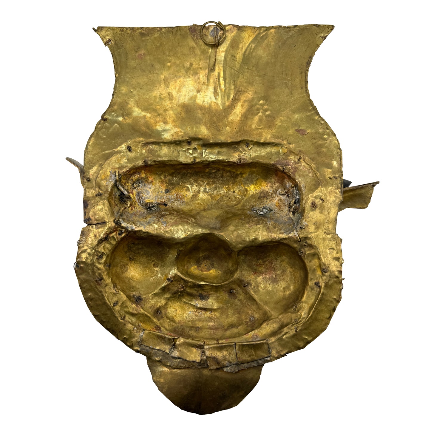 Vintage Tibetan Gilt Copper Jeweled Ritual Mask with Coral and Turquoise Inlay