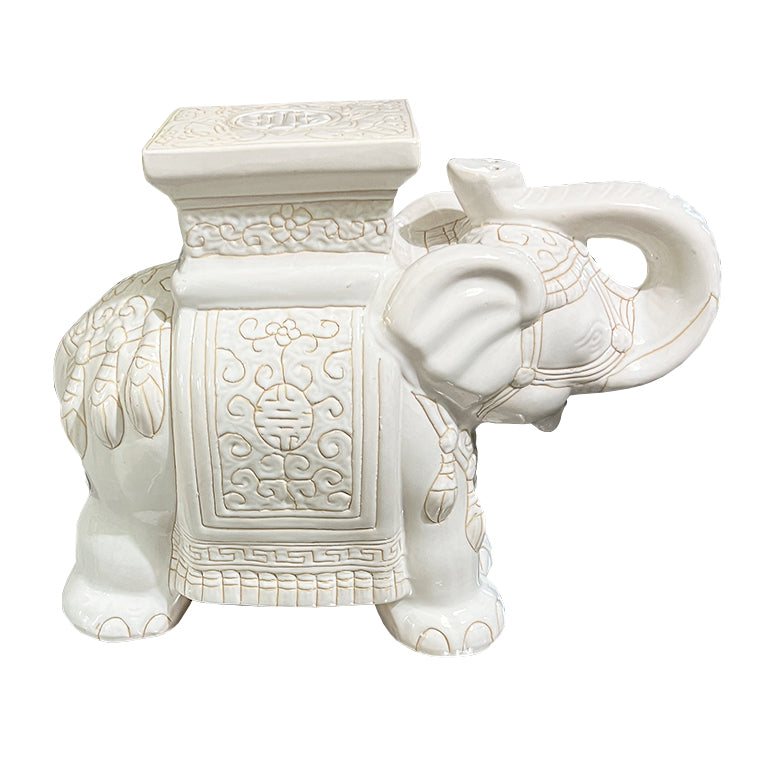 Lucky Vintage White Ceramic Elephant Garden Stool or Side Table With Asian Motif