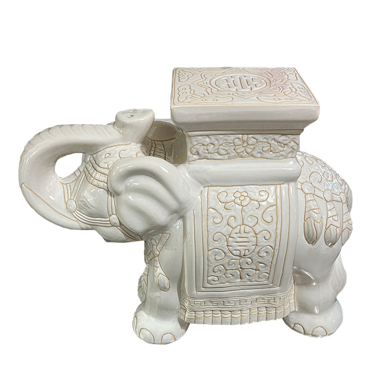 Lucky Vintage White Ceramic Elephant Garden Stool or Side Table With Asian Motif