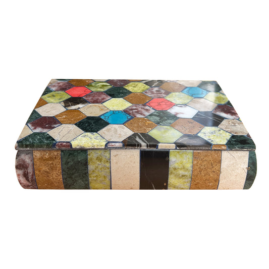 Polychrome Semi-Precious Stone Hexagonal Inlaid Box, 20th Century