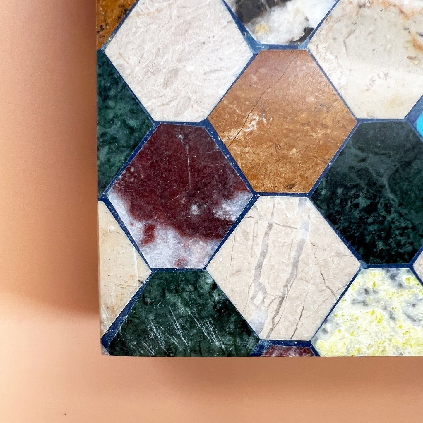 Polychrome Semi-Precious Stone Hexagonal Inlaid Box, 20th Century