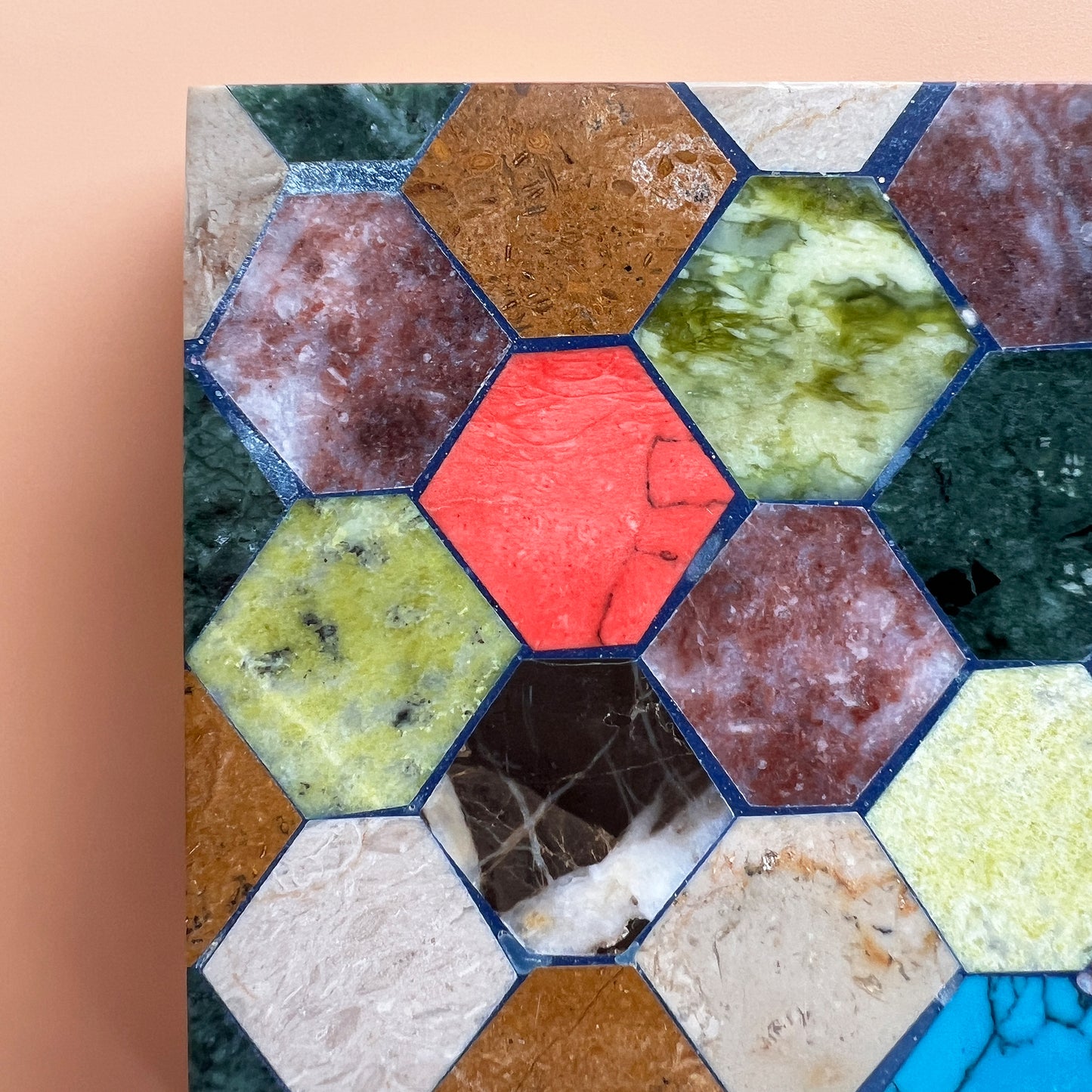 Polychrome Semi-Precious Stone Hexagonal Inlaid Box, 20th Century