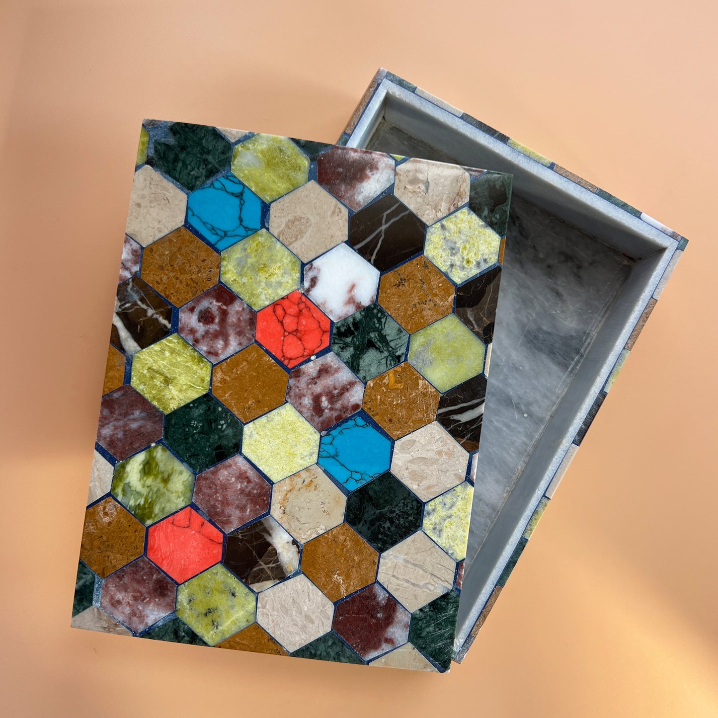 Polychrome Semi-Precious Stone Hexagonal Inlaid Box, 20th Century