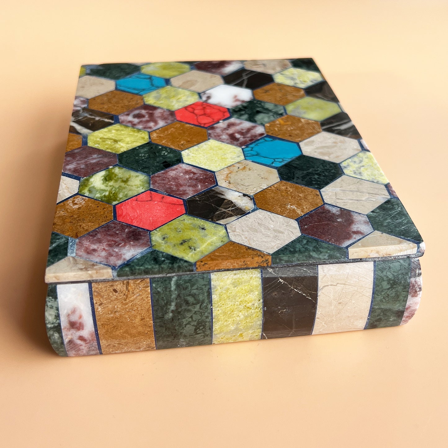 Polychrome Semi-Precious Stone Hexagonal Inlaid Box, 20th Century