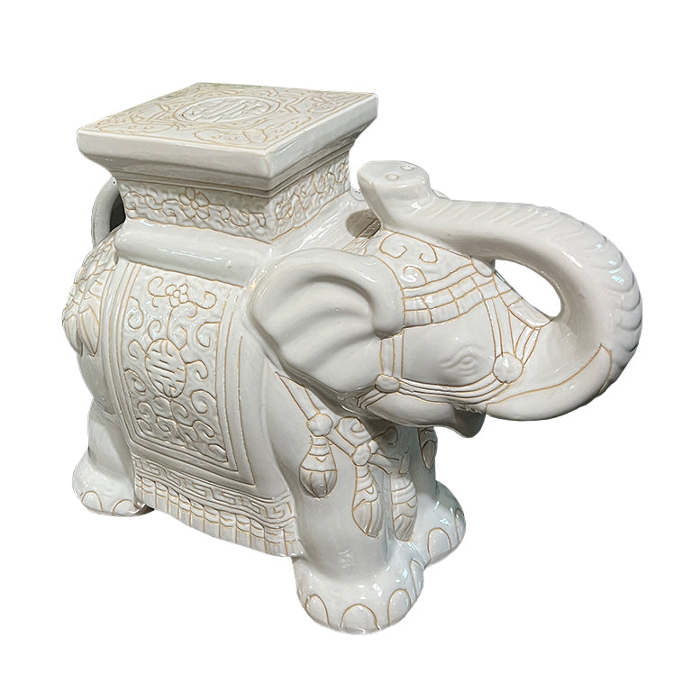 Lucky Vintage White Ceramic Elephant Garden Stool or Side Table With Asian Motif