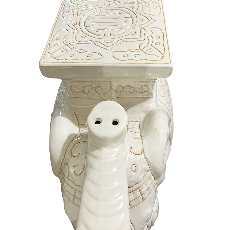 Lucky Vintage White Ceramic Elephant Garden Stool or Side Table With Asian Motif
