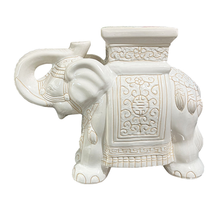 Lucky Vintage White Ceramic Elephant Garden Stool or Side Table With Asian Motif