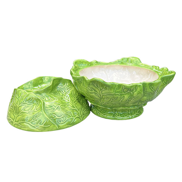 Large 1970s Hollywood Regency Green Ceramic Cabbage Ware Serving Bowl With Lid