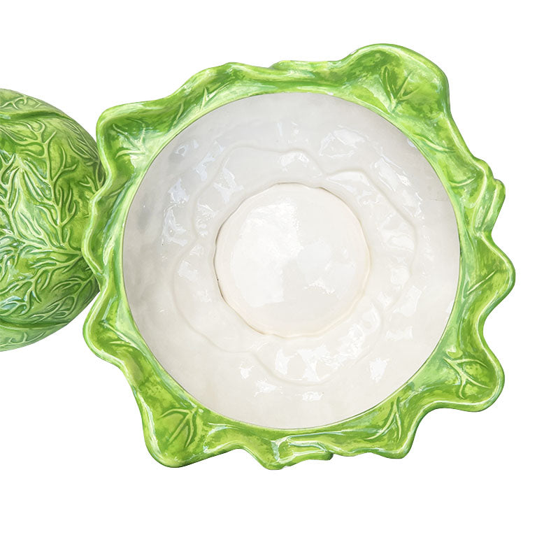 Large 1970s Hollywood Regency Green Ceramic Cabbage Ware Serving Bowl With Lid