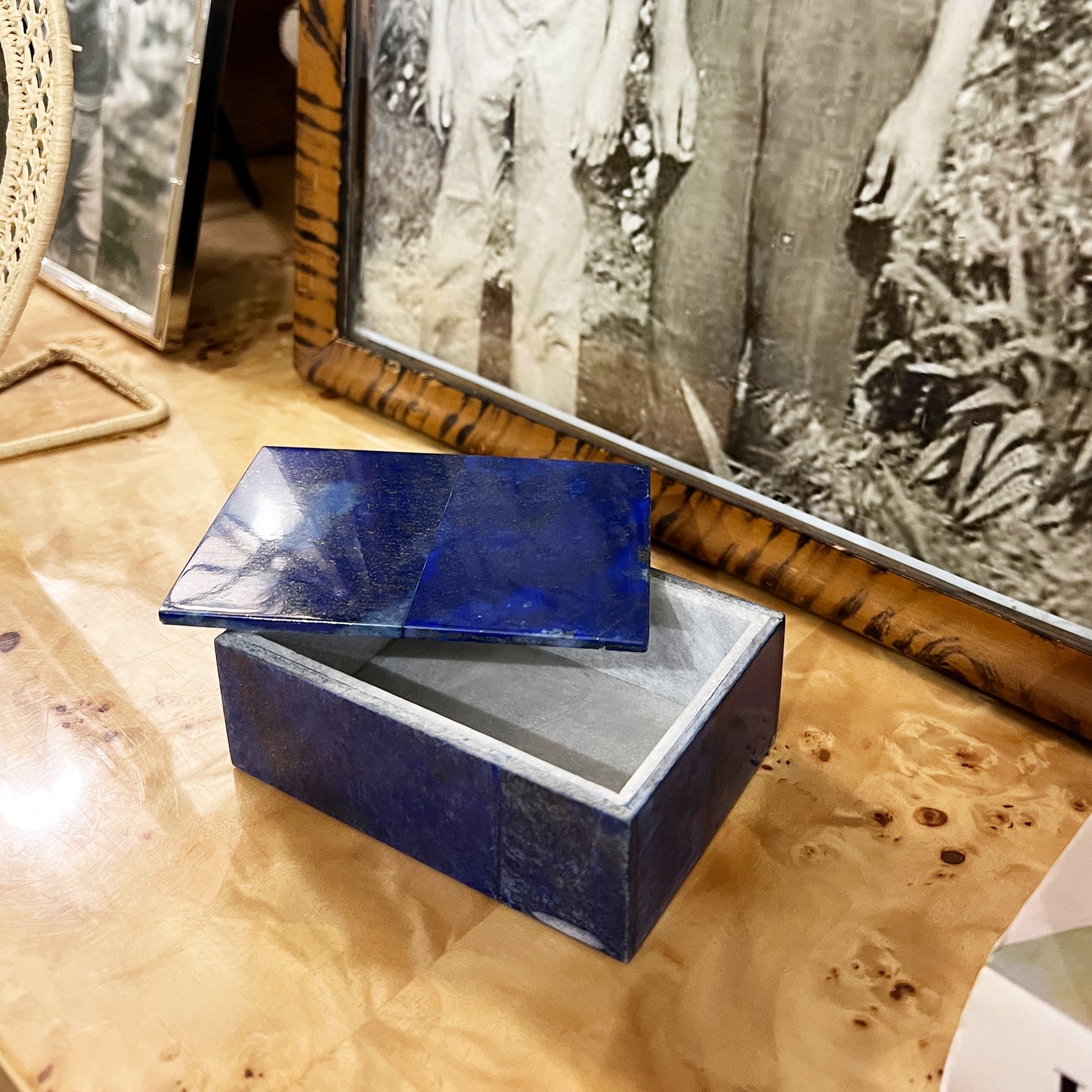 Blue Lapis Lazuli and Marble Stone Rectangular Jewelry or Trinket Box