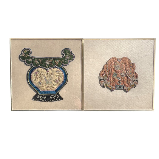 Pair Framed Chinese Qing Dynasty Silk Court Embroidery Textile Panels