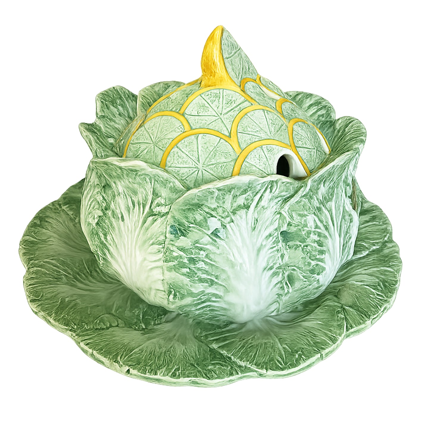 Monumental Italian Majolica Cabbage & Citrus Tureen, Trompe l’Oeil Centerpiece
