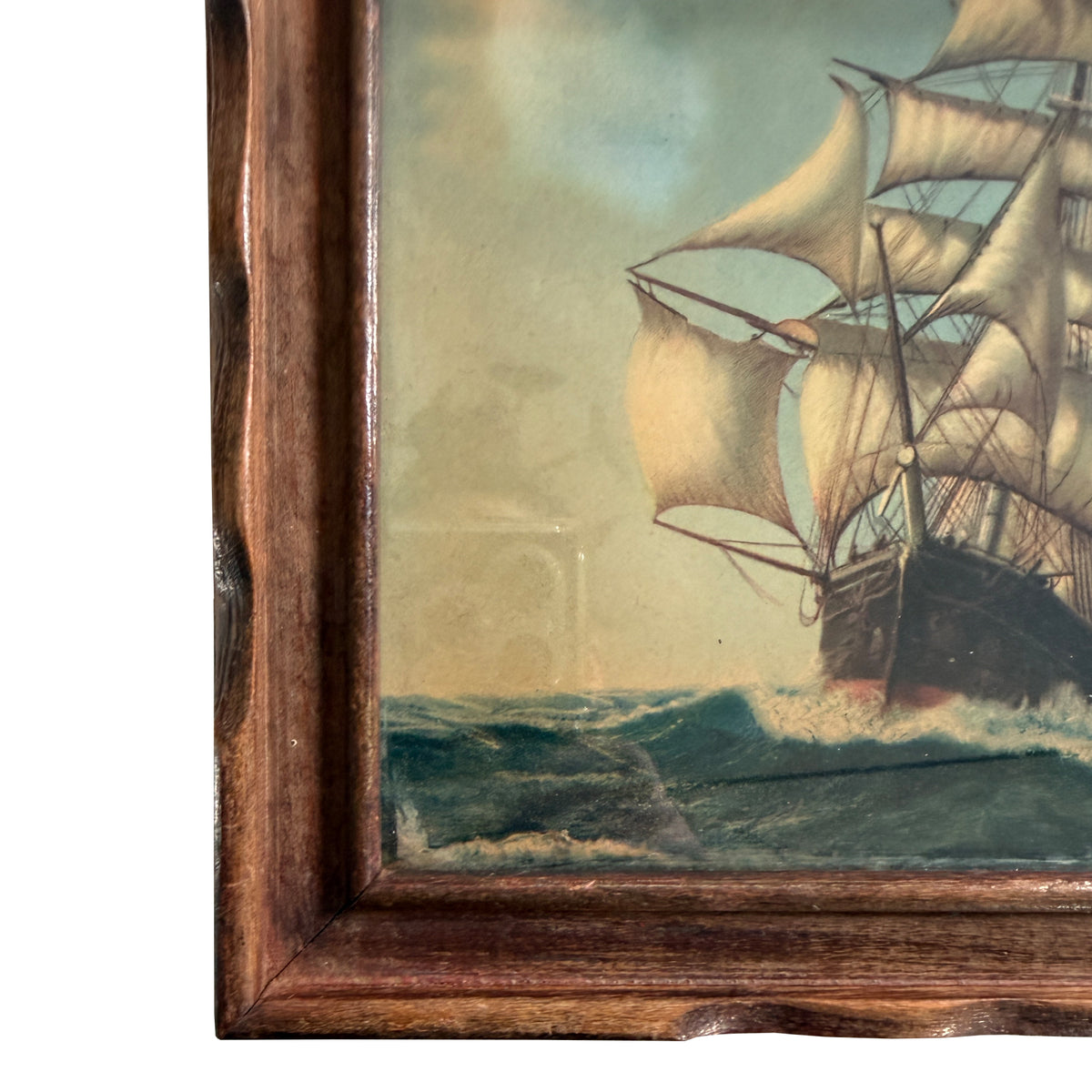 Nautical Wooden Jewelry Box with Sailing Ship Scene and Interior Mirror