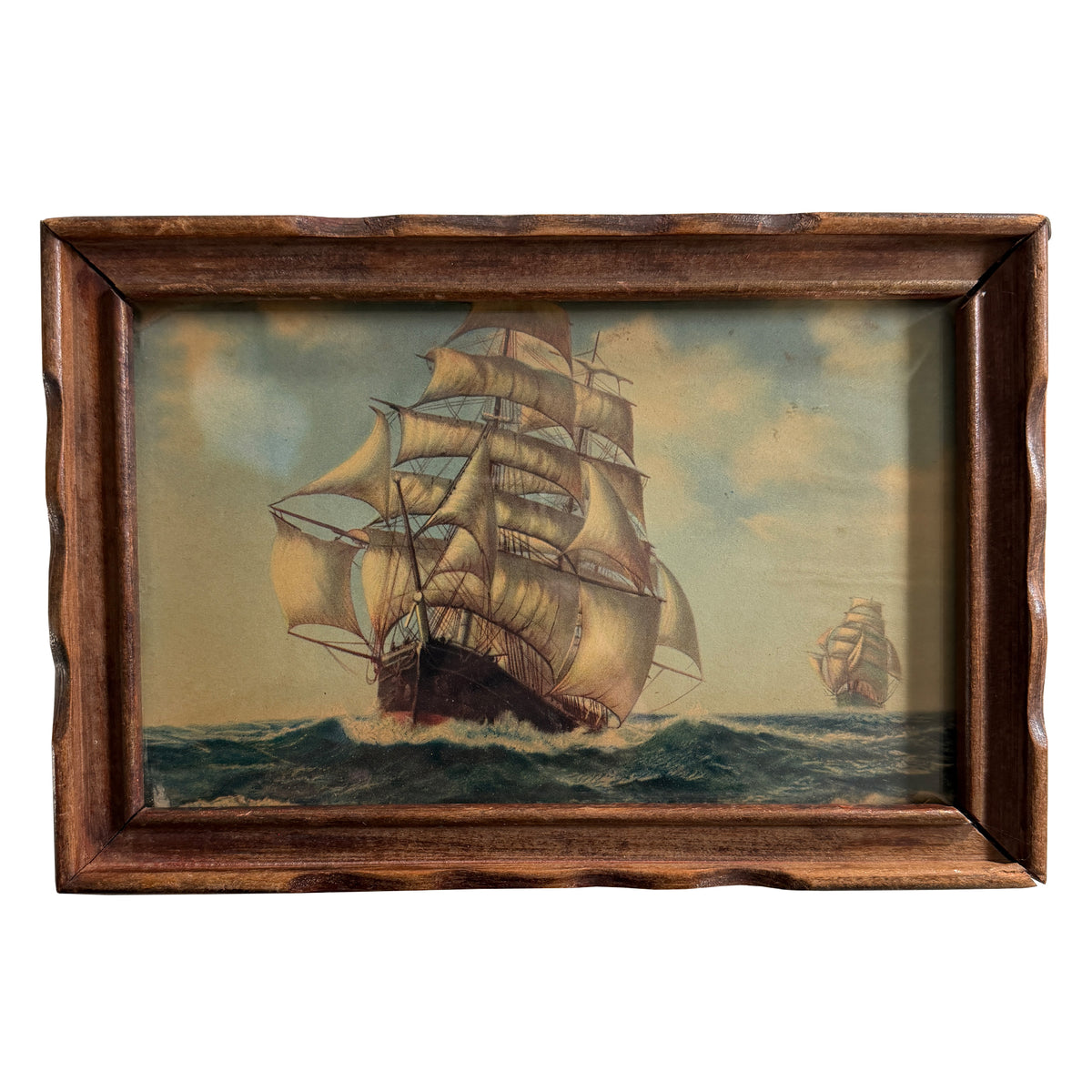 Nautical Wooden Jewelry Box with Sailing Ship Scene and Interior Mirror