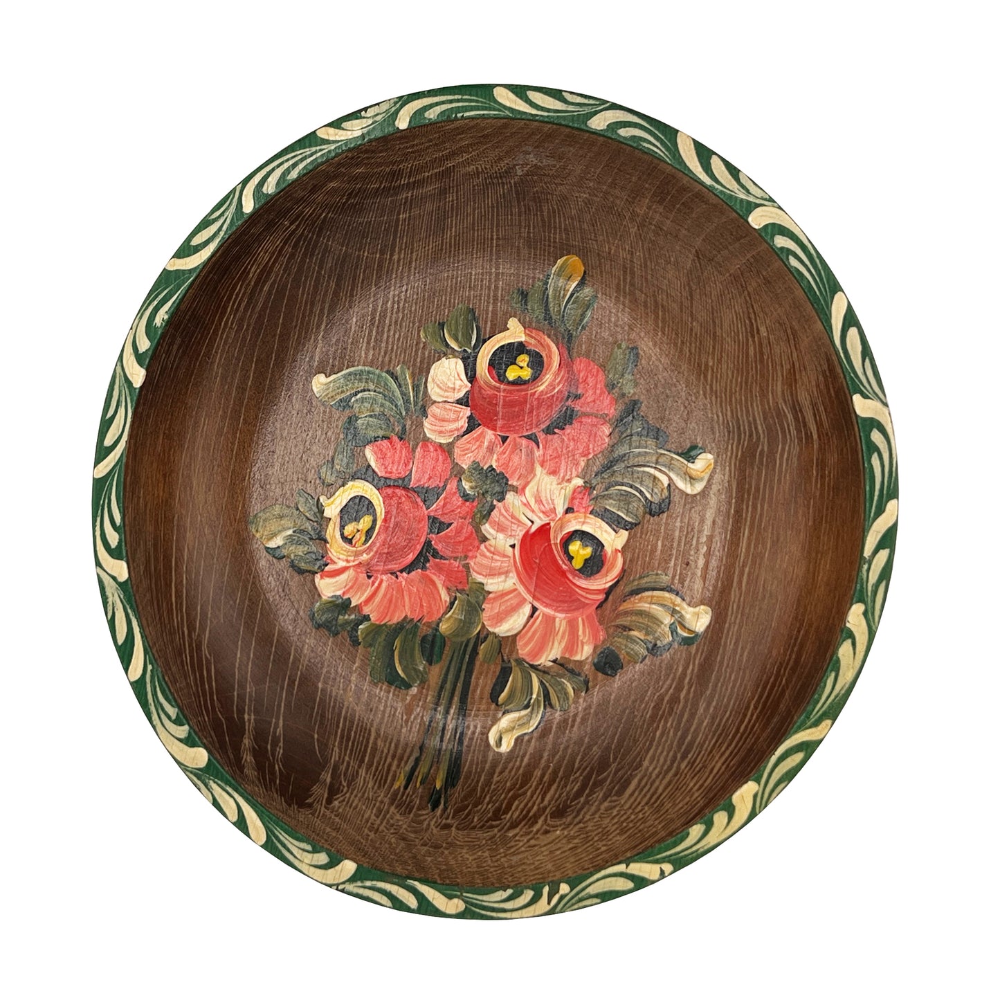 Mid-Century Hand-Painted Folk Art Wooden Bowl, Floral Tole Design