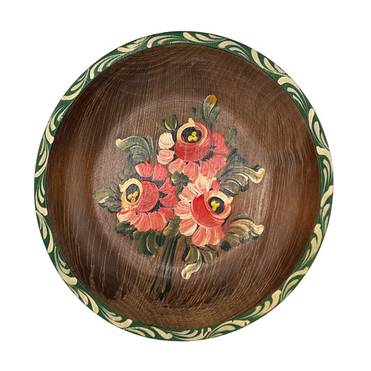 Mid-Century Hand-Painted Folk Art Wooden Bowl, Floral Tole Design